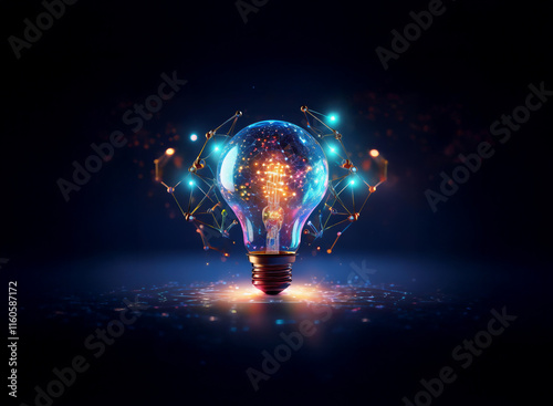 A glowing lightbulb, intricately connected by a network of vibrant blue and orange energy lines, sits on a dark reflective surface, radiating brilliance and innovation. photo