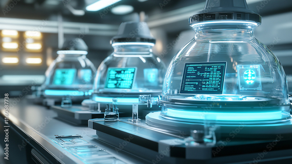 Fototapeta premium A futuristic laboratory using advanced Bunsen burners with touch-screen controls and safety alerts.