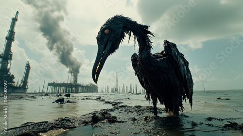 Bird smeared in spilled oil, heavy pollution. Dystopian landscape photo