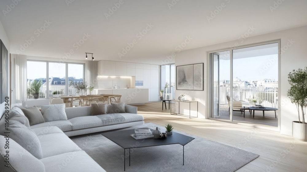 Fototapeta premium Modern bright apartment living room with balcony and city view.