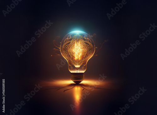 A glowing lightbulb, filled with swirling energy, sits on a dark surface, emitting a warm light.  Its vibrant core suggests innovation and brilliance. photo