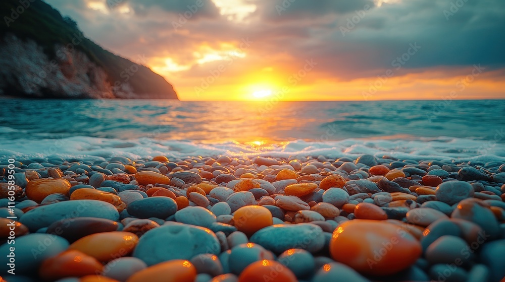 Obraz premium Vibrant sunset over pebble beach.