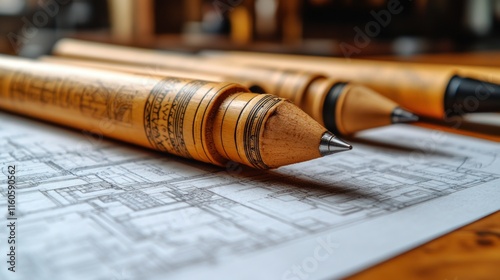 Close-up of drafting tools on architectural blueprints, showcasing design and planning. photo