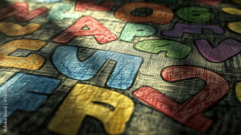 Obraz premium Colorful hand-drawn alphabet letters and numbers on textured surface illuminated by sunlight.