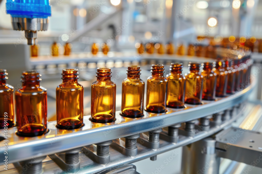 Amber glass bottles with capsules, neatly arranged on wooden shelves in a pharmacy or supplement store. Amber glass bottles with capsules, neatly arranged on wooden shelves in a pharmacy or supplement store.