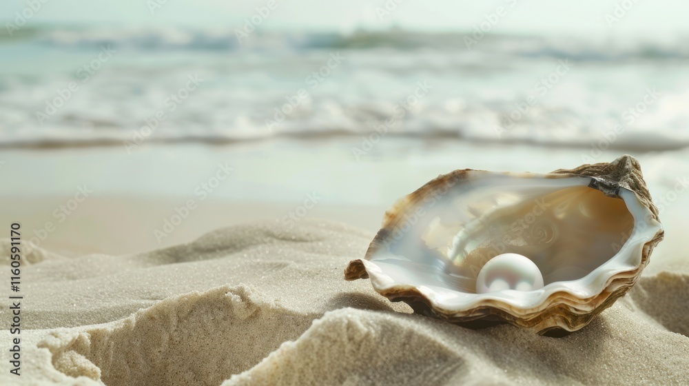 Oyster shell with pearl on sandy beach.