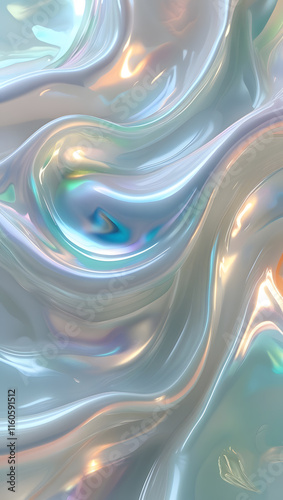 Iridescent Silk Waves - Abstract Pearlescent 3D Render with Soft Holographic Textures