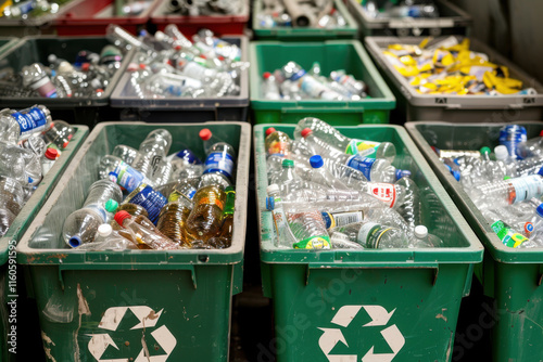 Four colorful recycling bins overflowing with assorted waste and recyclables in an outdoor setting. photo