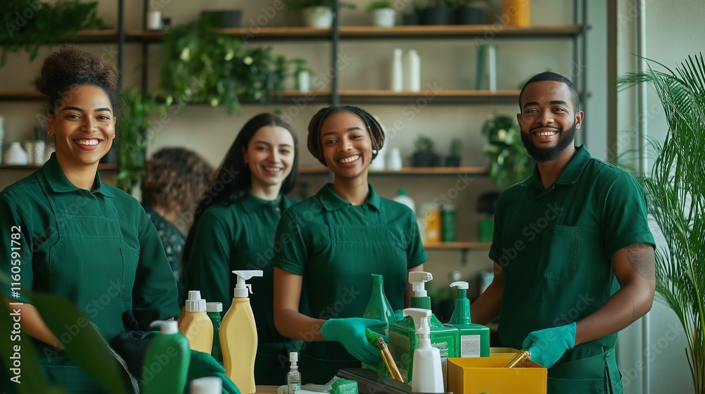 Obraz premium modern, eco-conscious cleaning service team with staff using green products to clean homes