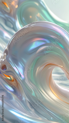 Iridescent Silk Waves - Abstract Pearlescent 3D Render with Soft Holographic Textures