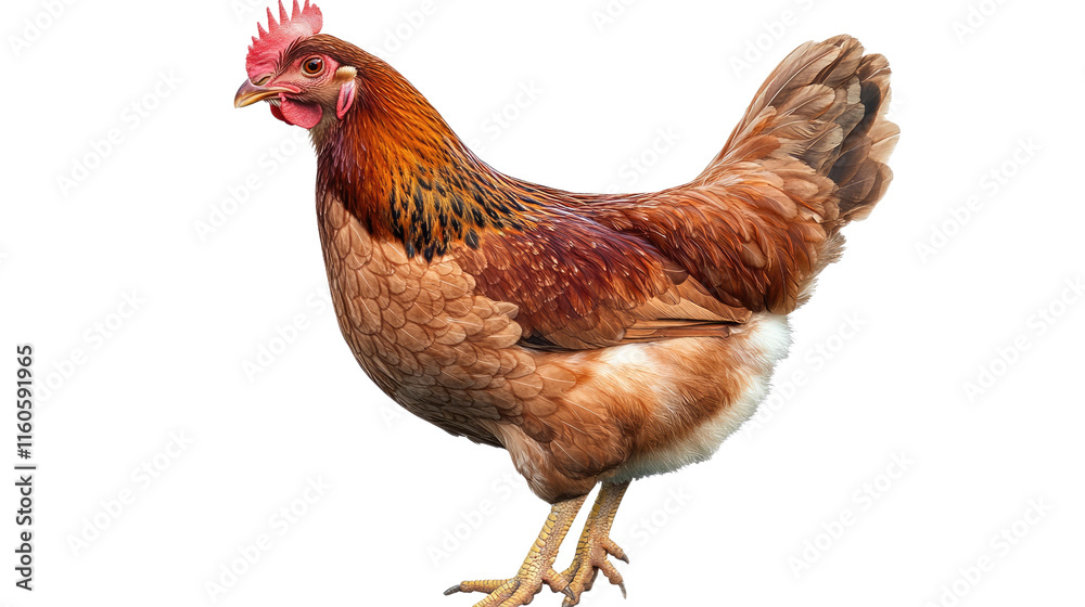 Fototapeta premium Brown Hen Standing Proud: A close-up of a brown hen, showcasing its intricate plumage and vibrant red comb. The hen's pose exudes confidence and vitality.