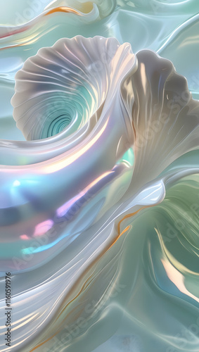 Iridescent Silk Waves - Abstract Pearlescent 3D Render with Soft Holographic Textures