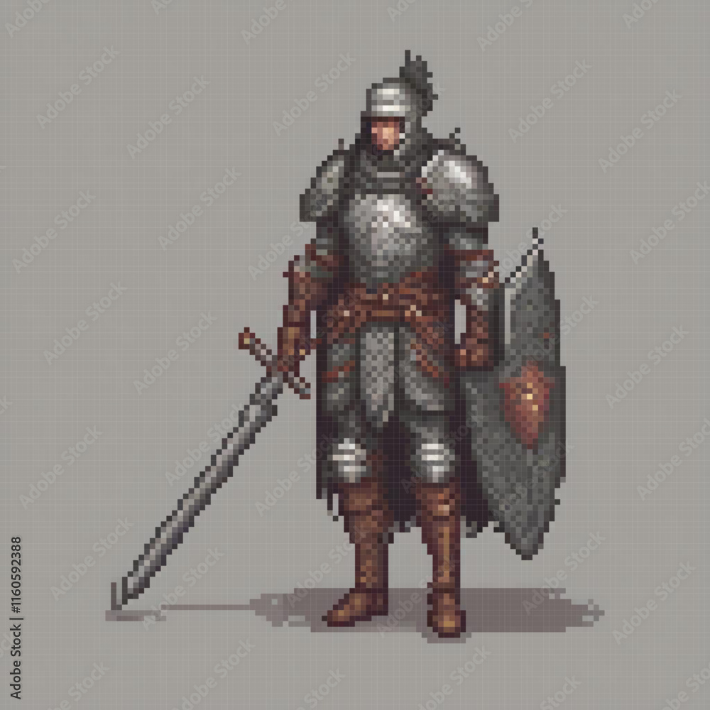 Pixel art image depicts knight full armor holding sword standing front castle Pixel art image depicts knight full armor holding sword standing front castle