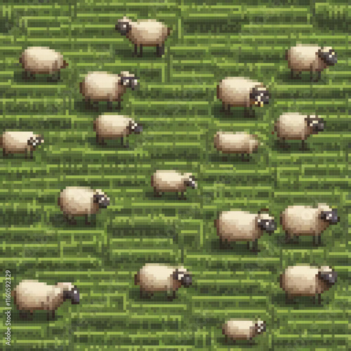 Pixel art image field sheep some have unique features like black spot