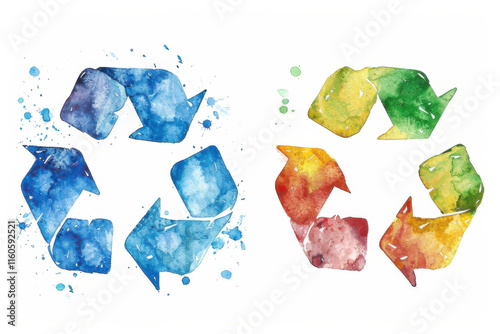 Watercolor painting of a recycling symbol, depicted in vibrant and colorful abstract splashes. photo