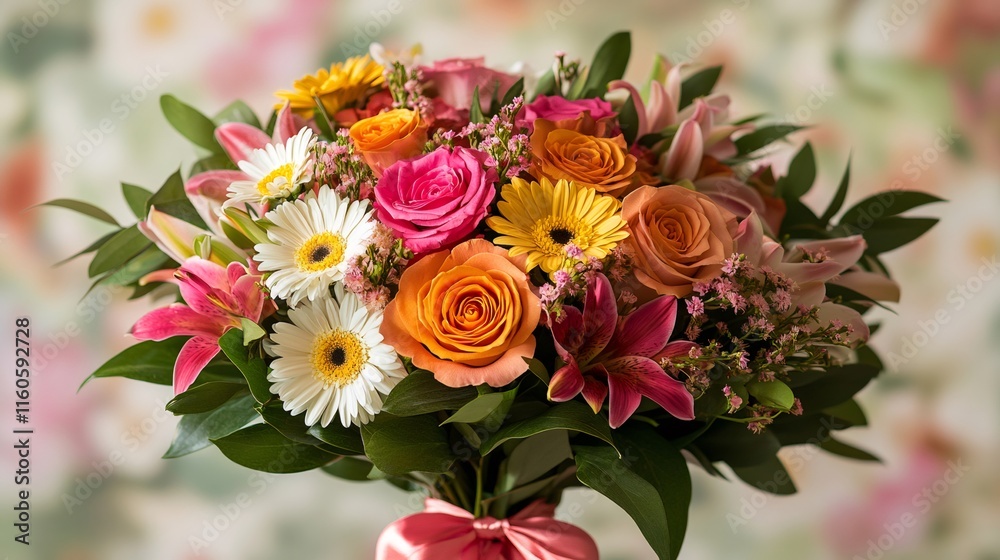 Bouquet of colorful roses, lilies, and gerbera daisies creating a vibrant floral display Bouquet of colorful roses, lilies, and gerbera daisies creating a vibrant floral display