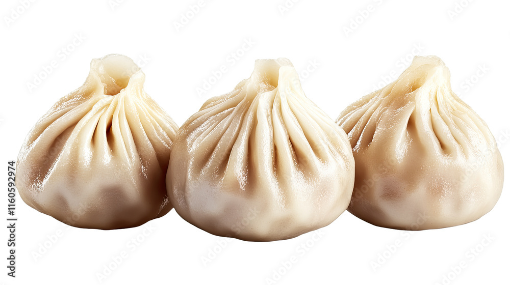Obraz premium Steamed Delicacy: Three plump and perfectly steamed dumplings, ready to tantalize taste buds with their savory flavors.