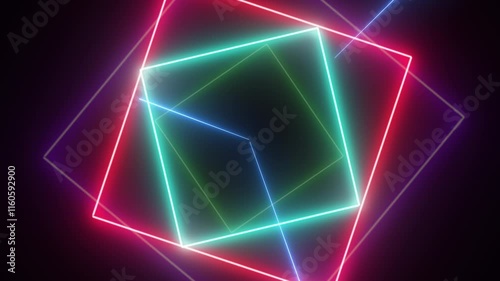 Abstract background animation. Neon-lit squares moving through a tunnel.