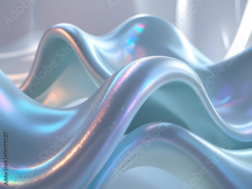 Iridescent Silk Waves - Abstract Pearlescent 3D Render with Soft Holographic Textures