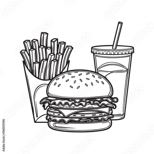 Black and White Hamburger, Fries and Soda Line Art for Clean Coloring Pages and Bold Coloring Book Outline