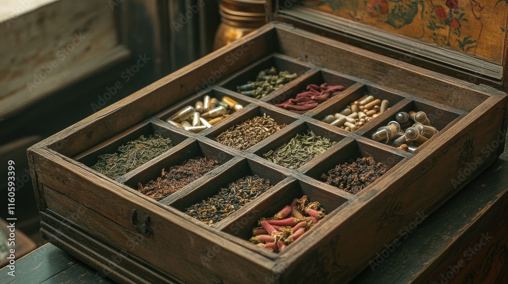 Close-up of a wooden box containing different herbal remedies, positioned on a vintage-style table, evoking an ancient medicine practice. Close-up of a wooden box containing different herbal remedies, positioned on a vintage-style table, evoking an ancient medicine practice.