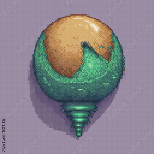Pixel art image depicts green sphere green crust possibly planet celestial body slice pie top