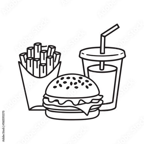 Black and White Hamburger, Fries and Soda Line Art for Clean Coloring Pages and Bold Coloring Book Outline