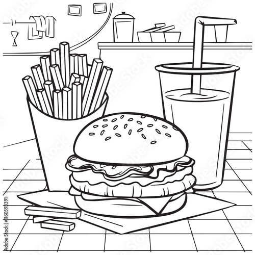 Black and White Hamburger, Fries and Soda Line Art for Clean Coloring Pages and Bold Coloring Book Outline