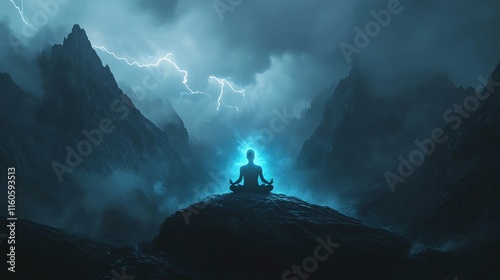 Meditating figure radiating light amidst a stormy mountain backdrop. photo