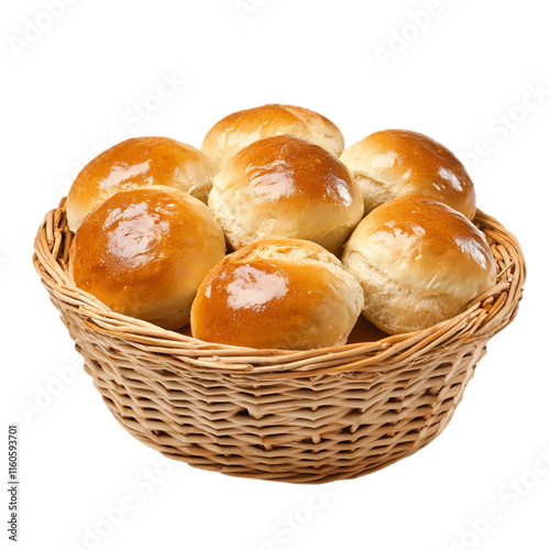 Fresh Baked Bread Rolls in Basket, Isolated transparent Background, Food Photography