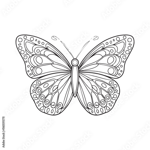  Black and White Butterfly Illustration with Floral Wing Designs on White Background