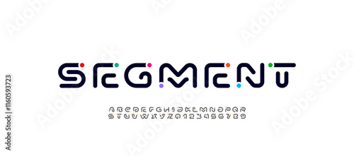 Font digital cyber alphabet with colored point, trendy letters A, B, C, D, E, F, G, H, I, J, K, L, M, N, O, P, Q, R, S, T, U, V, W, X, Y, Z and numerals 0, 1, 2, 3, 4, 5, 6, 7, 8, 9.