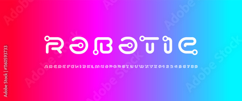 Font digital cyber alphabet with ring, trendy letters A, B, C, D, E, F, G, H, I, J, K, L, M, N, O, P, Q, R, S, T, U, V, W, X, Y, Z and numerals 0, 1, 2, 3, 4, 5, 6, 7, 8, 9.
