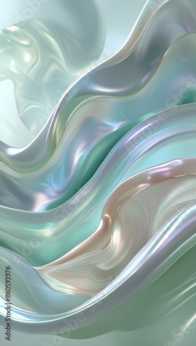 Iridescent Silk Waves - Abstract Pearlescent 3D Render with Soft Holographic Textures