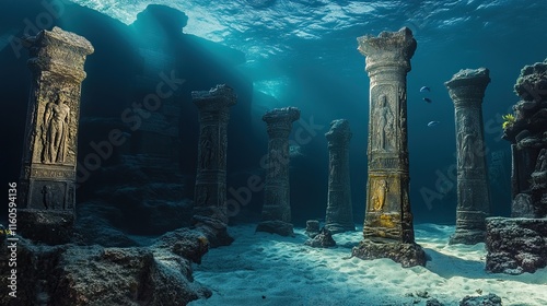 Ancient underwater ruins, partially buried in sand, overgrown with seaweed, glowing faintly. Massive columns rise from the depth