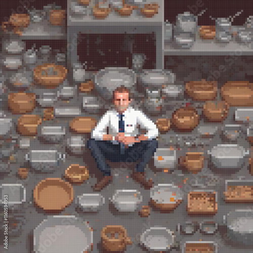 Man sits kitchen filled various pots pans possibly pixel art style