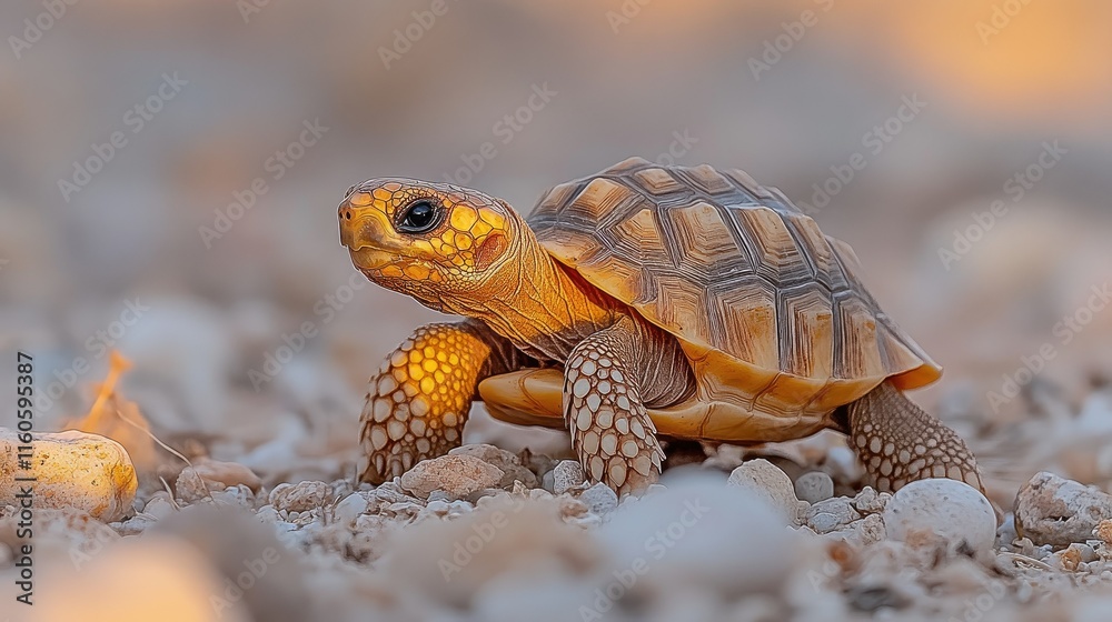 Obraz premium Adorable baby tortoise walking on gravel, sunset light.
