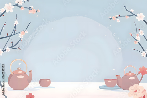 Illustration of tea time background with cherry blossom and teapot photo