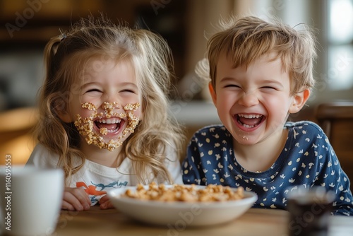 Joyful Breakfast Moments With Kids Enjoying Cereal and Laughter at Home