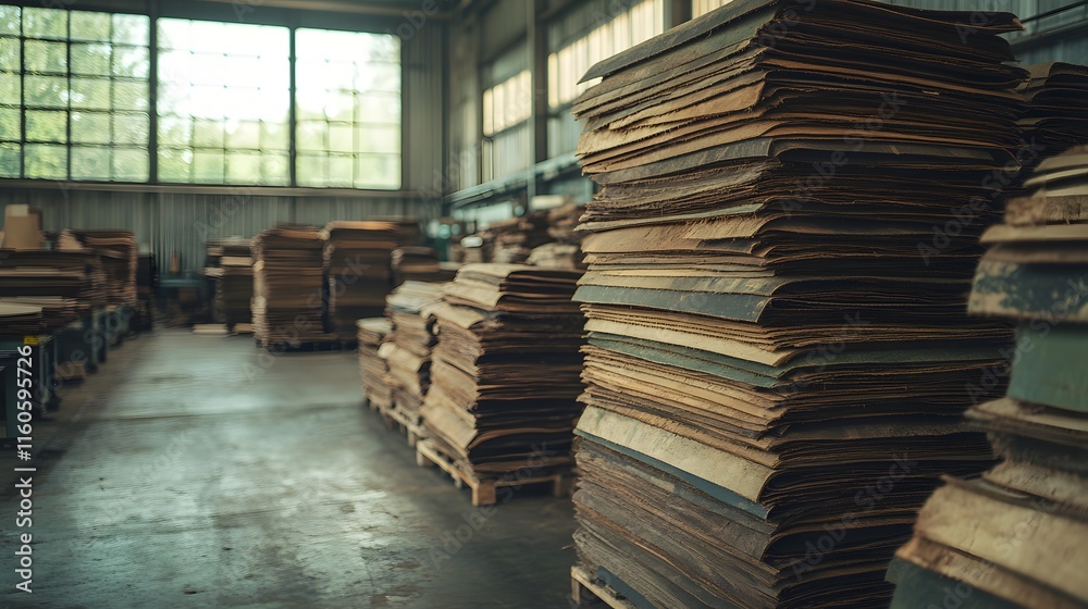 Stacks of Untreated Wooden Sheets in a Spacious Workshop with Large Windows and Natural Light Streaming in, Creating a Warm and Industrial Atmosphere Stacks of Untreated Wooden Sheets in a Spacious Workshop with Large Windows and Natural Light Streaming in, Creating a Warm and Industrial Atmosphere