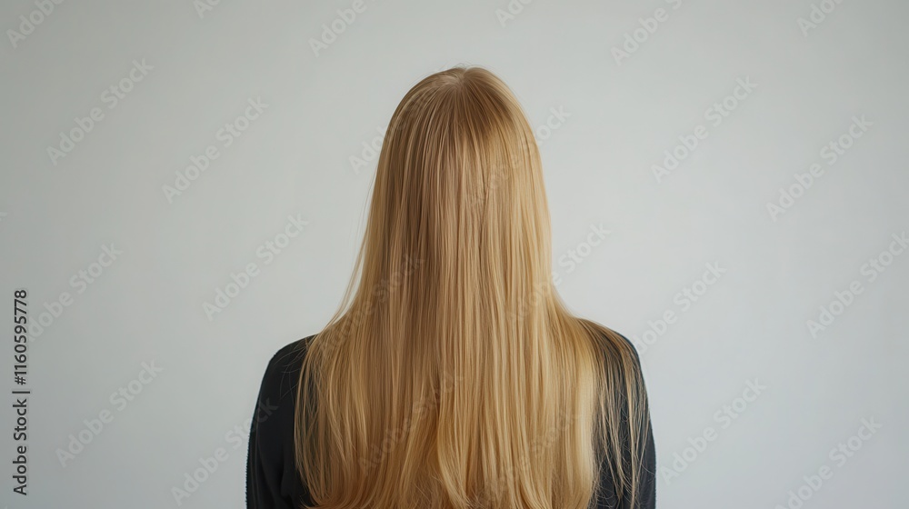 Naklejka premium Beautiful model girl with Blond hair strand,silky healthy wavy hair strand,hair wavy ribbon, with smooth,Keratin straightening,Treatment,straight long hair,procedures,Smooth hairstyle.