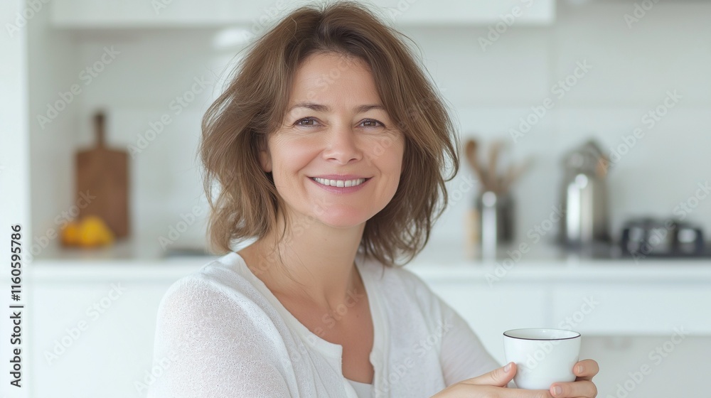 Portrait of smiling woman in the morning having coffee or tea in the modern white kitchen Portrait of smiling woman in the morning having coffee or tea in the modern white kitchen