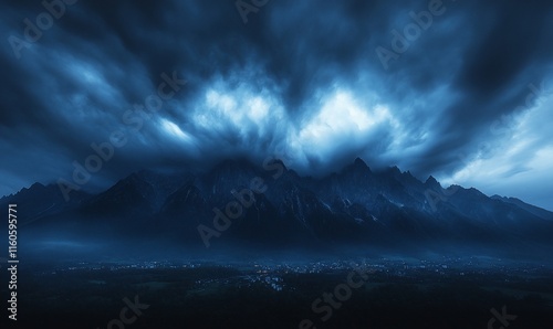 Dramatic stormy clouds over dark mountain range and valley.