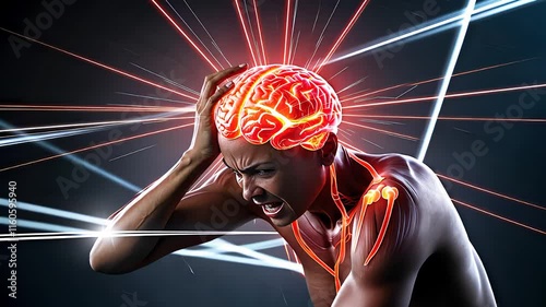 Person Experiencing Severe Headache with Highlighted Brain and Nervous System in Futuristic Medical Visualization

 photo