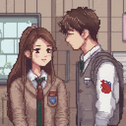 Pixel art image depicts young man woman standing close woman wearing heart patch