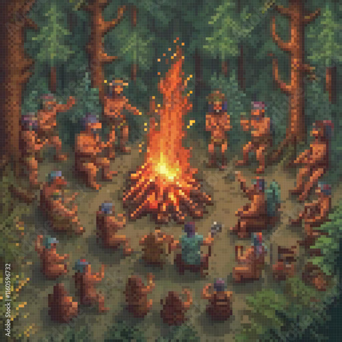 Group people including some backpacks gather around fire forest