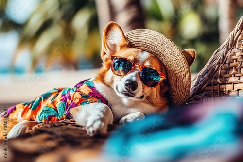 A corgi wearing a bright Hawaiian shirt, sunglasses, and a straw hat, lounging on a deck chair by a tropical beach