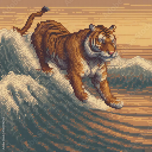 Pixel art image depicts tiger leaping over ocean waves showcasing its unique features dynamic background