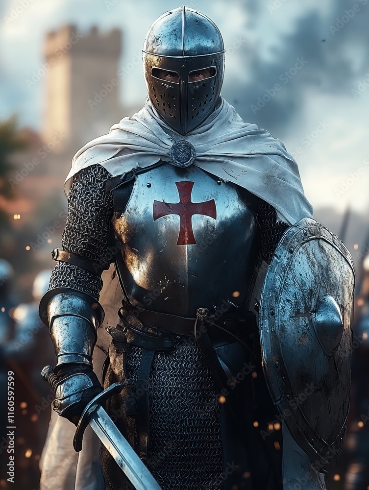 Medieval Knights Templar warrior standing in a heroic pose Medieval Knights Templar warrior standing in a heroic pose