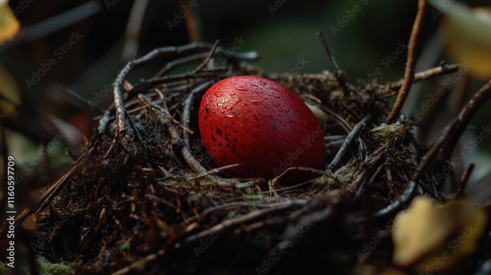 A red egg sits in the center of a natural nest, perfect for use in images about nature, wildlife, or everyday life A red egg sits in the center of a natural nest, perfect for use in images about nature, wildlife, or everyday life